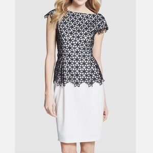 Adrianna Papell Caged Lace Overlay Dress Short Sleeve Peplum Black White Size 6
